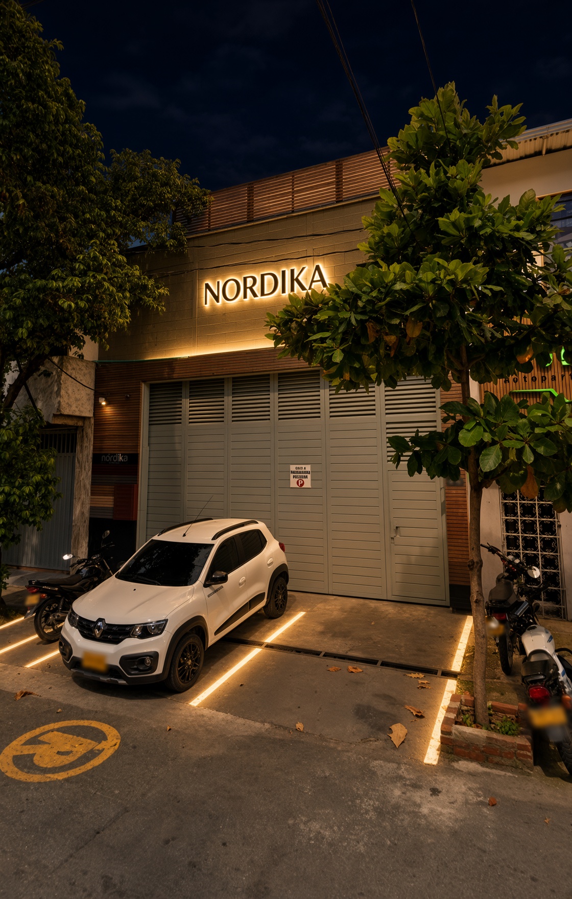 Same street at night with cream Nórdika neon and path lighting