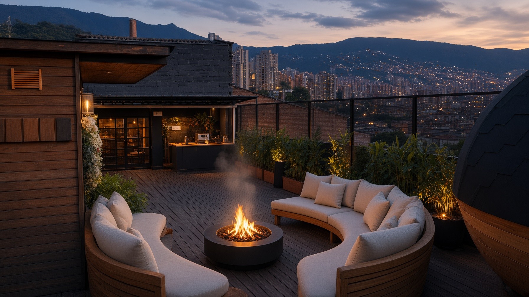 Proposed rooftop lounge: teak C-bench, linen, fire pit, valley at dusk